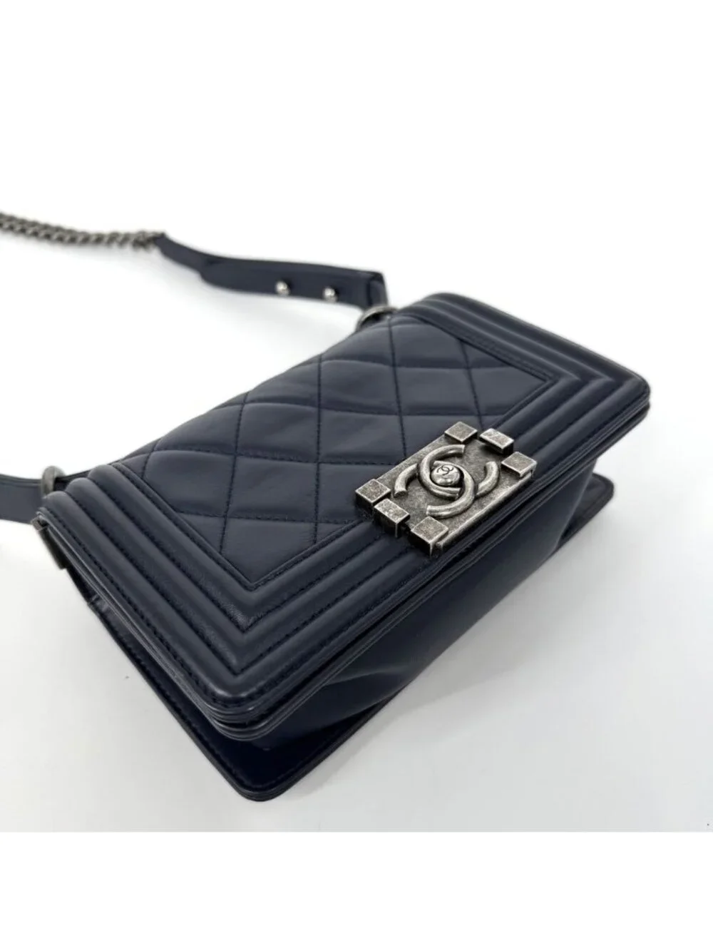 Chanel Shoulder Bag Quilted Boy Crossbody Lambskin Navy Silver